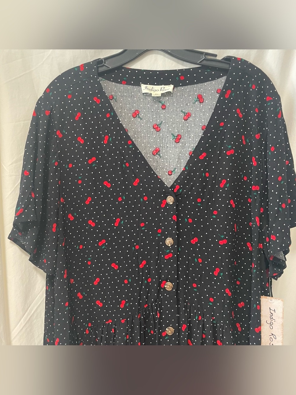 Indigo Rose Black Cherry-Print Button Front Blouse - Picture 2 of 8
